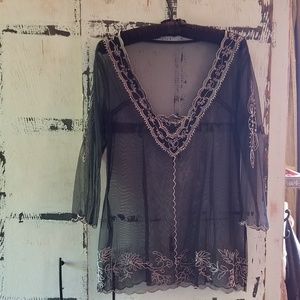 Biya (Johnny Was) Embroidered Sheer Mesh Blue Top